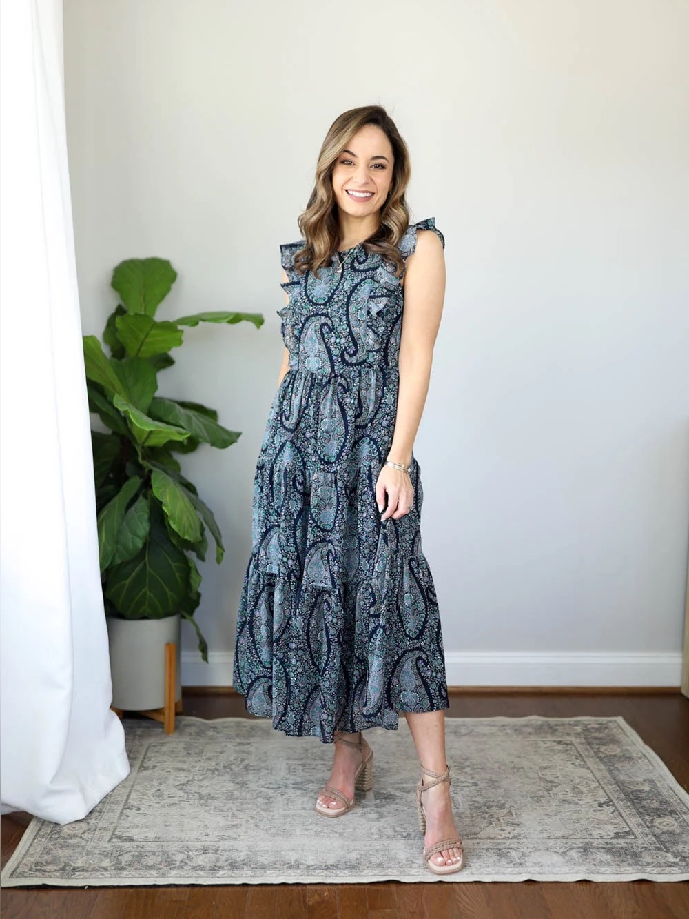 J. Crew 00 Floral Flutter SleevePaisley Tiered Midi Dress in Teal and Navy